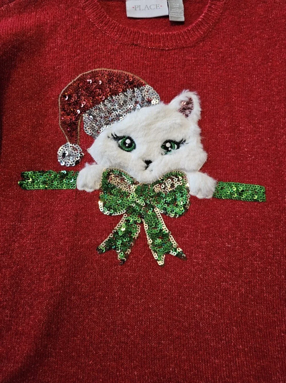 Sparkly Red Holiday Kitty Sweater with Green Sequin Bow